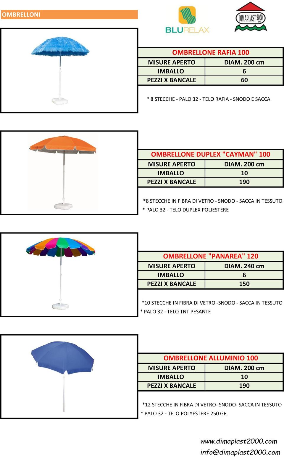 200 cm 10 PEZZI X BANCALE 190 *8 STECCHE IN FIBRA DI VETRO - SNODO - SACCA IN TESSUTO * PALO 32 - TELO DUPLEX POLIESTERE OMBRELLONE "PANAREA"