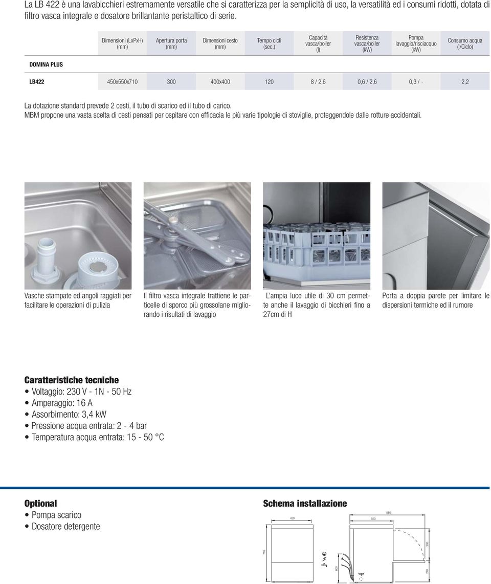 ) Capacità (l) Resistenza Pompa lavaggio/risciacquo Consumo acqua (l/ciclo) DOMINA PLUS LB422 450x550x710 300 400x400 120 8 / 2,6 0,6 / 2,6 0,3 / - 2,2 La dotazione standard prevede 2 cesti, il tubo