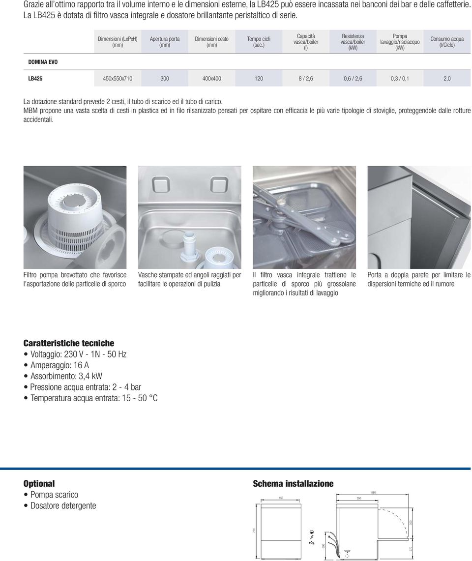 ) Capacità (l) Resistenza Pompa lavaggio/risciacquo Consumo acqua (l/ciclo) DOMINA EVO LB425 450x550x710 300 400x400 120 8 / 2,6 0,6 / 2,6 0,3 / 0,1 2,0 La dotazione standard prevede 2 cesti, il tubo