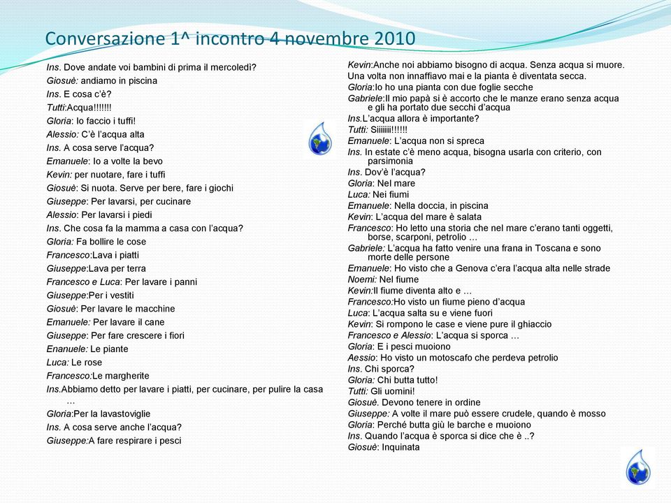 Serve per bere, fare i giochi Giuseppe: Per lavarsi, per cucinare Alessio: Per lavarsi i piedi Ins. Che cosa fa la mamma a casa con l acqua?