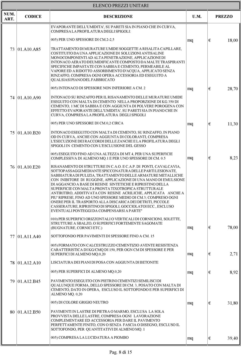 DEUMIDIFICANTE COMPOSTO DA MALTE TRASPIRANTI SPECIFICHE IMPASTATE CON SABBIA E CEMENTO, PERMEABILE AL VAPORE ED A RIDOTTO ASSORBIMENTO D'ACQUA, APPLICATO SENZA RINZAFFO, COMPRESA OGNI OPERA