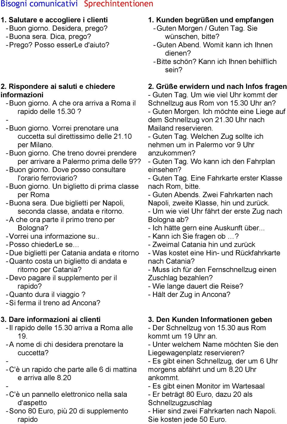 Buon giorno. Che treno dovrei prendere per arrivare a Palermo prima delle 9?? Buon giorno. Dove posso consultare l'orario ferroviario? Buon giorno. Un biglietto di prima classe per Roma Buona sera.