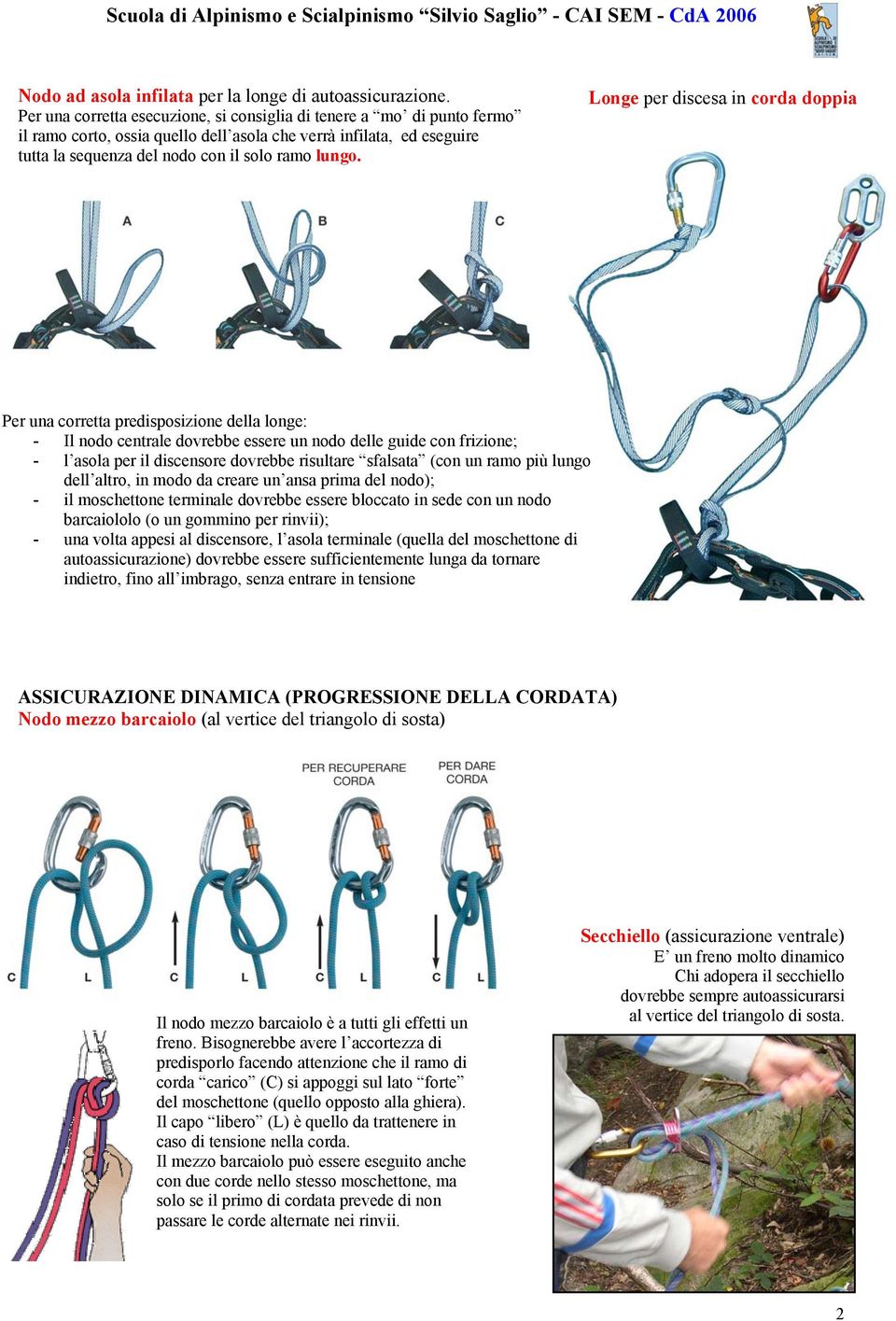 Longe per discesa in corda doppia Per una corretta predisposizione della longe: - Il nodo centrale dovrebbe essere un nodo delle guide con frizione; - l asola per il discensore dovrebbe risultare