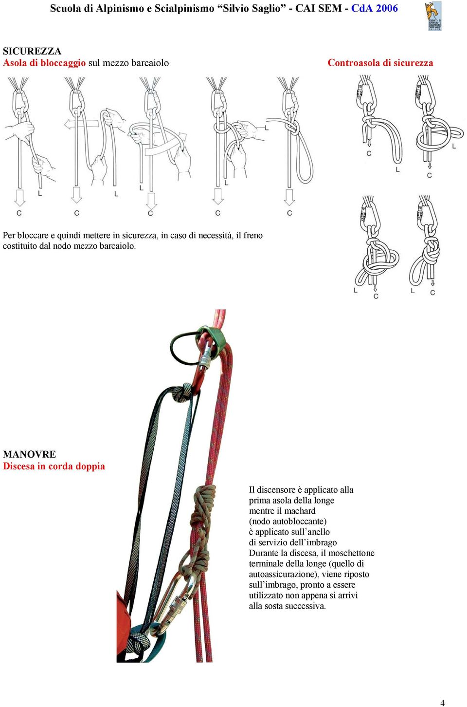 MANOVRE Discesa in corda doppia Il discensore è applicato alla prima asola della longe mentre il machard (nodo autobloccante) è applicato