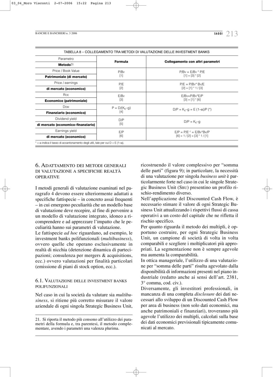 [3] E/BV=P/BV*E/P [3] = [1] * [6] DDM Finanziario (economico) Dividend yield di mercato (economico-finanziario) Earnings yield di mercato (economico) P = D/(K E g) [4] D/P [5] E/P [6] * = α indica il