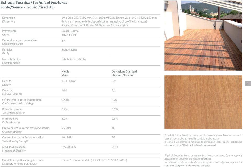 lenghts) Brasile, Bolivia Brazil, Bolivia Ipe Bignoniaceae Tabebuia Serratifolia Media Mean Deviazione Standard Standard Deviation Densità Density Durezza Monnin Hardness Coefficiente di ritiro