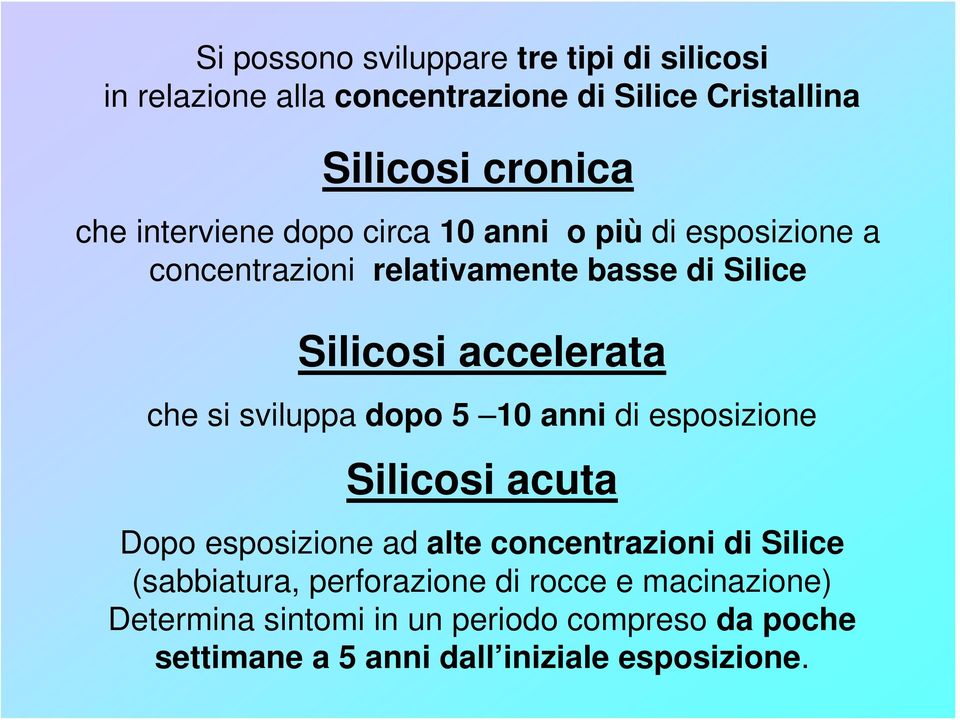 si sviluppa dopo 5 10 anni di esposizione Silicosi acuta Dopo esposizione ad alte concentrazioni di Silice (sabbiatura,