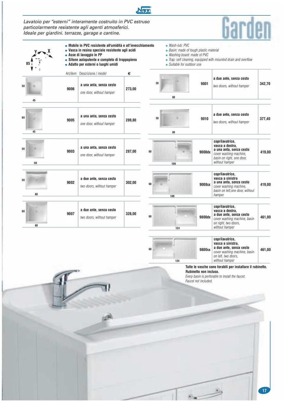 o luoghi umidi Wash-tub: PVC Basin: made of tough plastic material Washing board: made of PVC Trap: self cleaning, equipped with mounted drain and overflow Suitable for outdoor use 9006 273,00 80