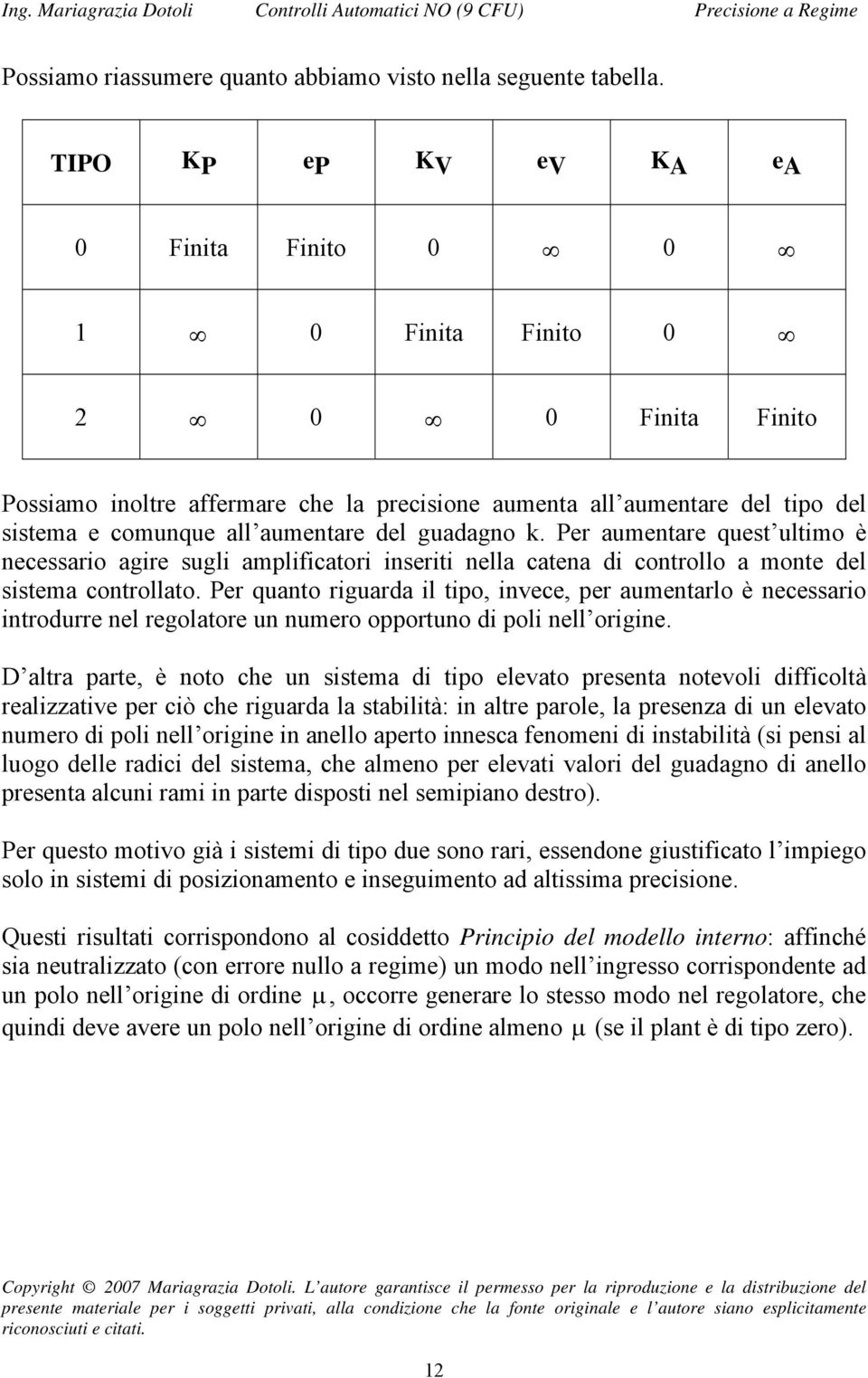 guadagno k. Per aumentare quest ultimo è necessario agire sugli amplificatori inseriti nella catena di controllo a monte del sistema controllato.