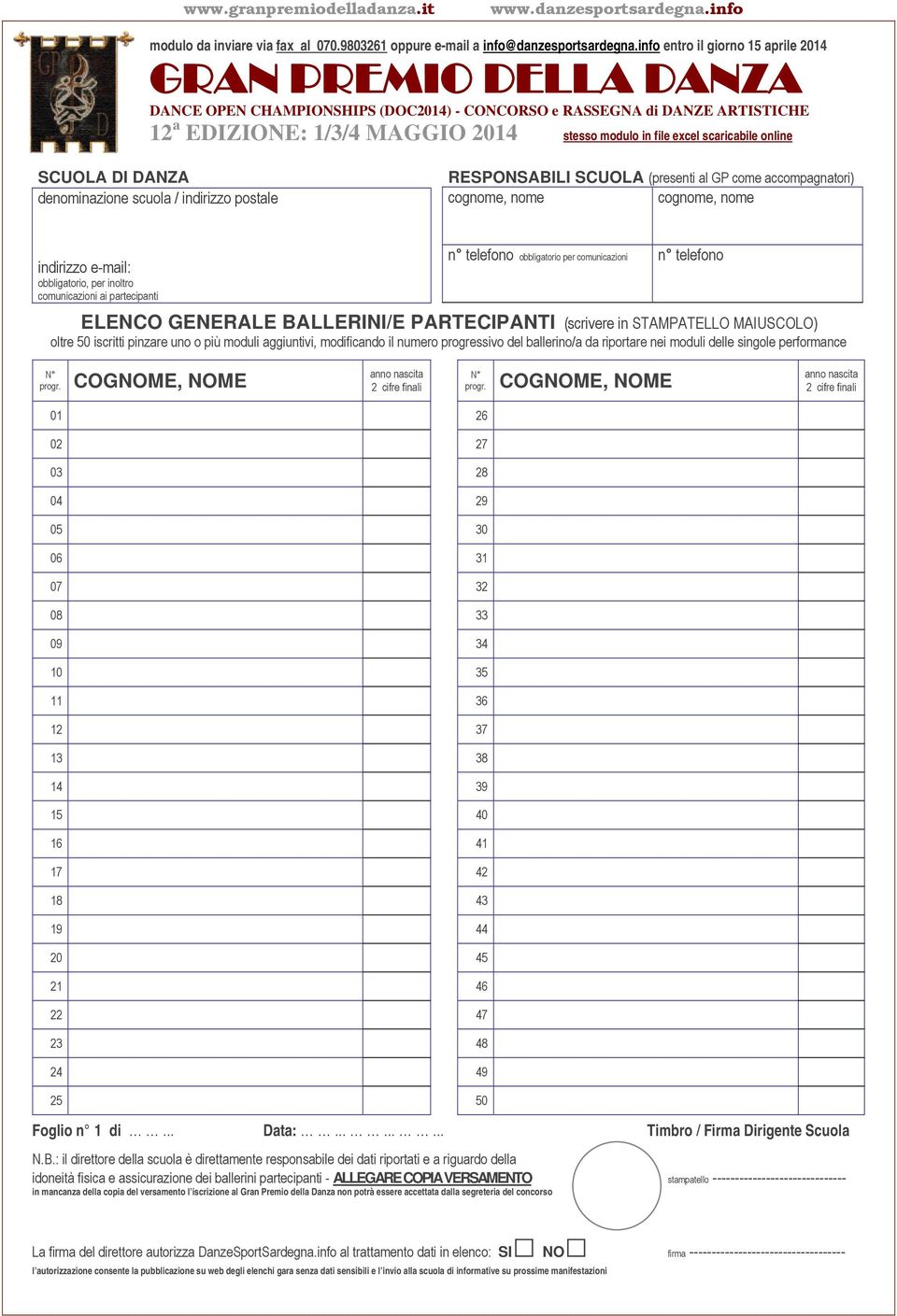 scaricabile online SCUOLA DI DANZA denominazione scuola / indirizzo postale RESPONSABILI SCUOLA (presenti al GP come accompagnatori) cognome, nome cognome, nome indirizzo e-mail: obbligatorio, per