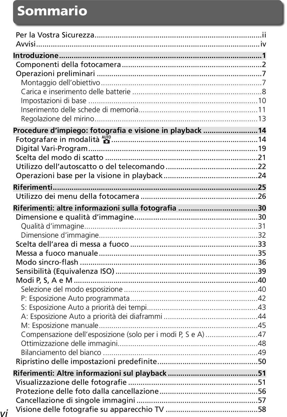 ..14 Digital Vari-Program...19 Scelta del modo di scatto...21 Utilizzo dell autoscatto o del telecomando...22 Operazioni base per la visione in playback...24 Riferimenti.