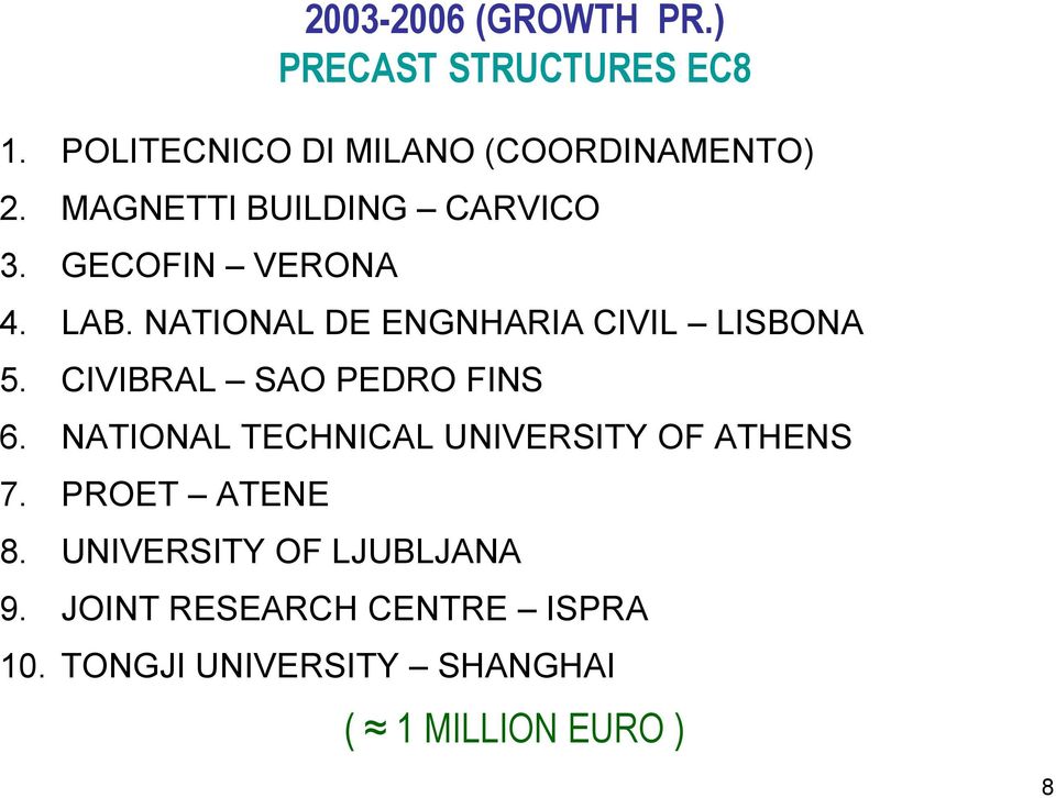 CIVIBRAL SAO PEDRO FINS 6. NATIONAL TECHNICAL UNIVERSITY OF ATHENS 7. PROET ATENE 8.