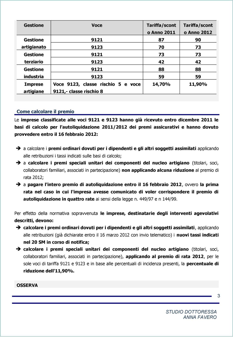 2011/2012 dei premi assicurativi e hanno dovuto provvedere entro il 16 febbraio 2012: a calcolare i premi ordinari dovuti per i dipendenti e gli altri soggetti assimilati applicando alle retribuzioni