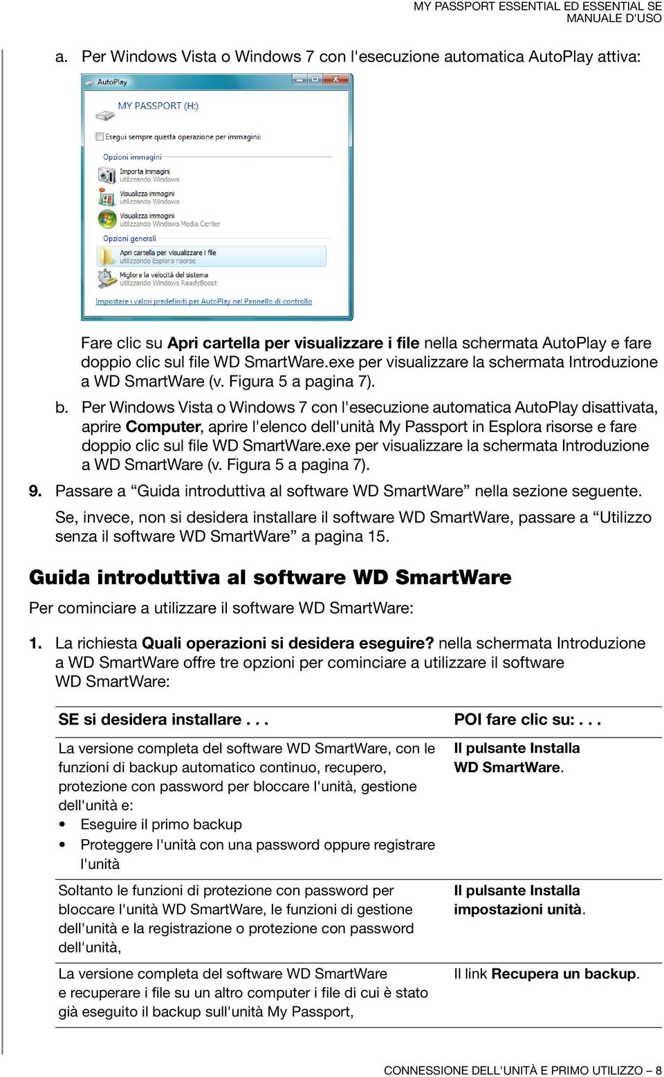 Per Windows Vista o Windows 7 con l'esecuzione automatica AutoPlay disattivata, aprire Computer, aprire l'elenco dell'unità My Passport in Esplora risorse e fare doppio clic sul file WD SmartWare.