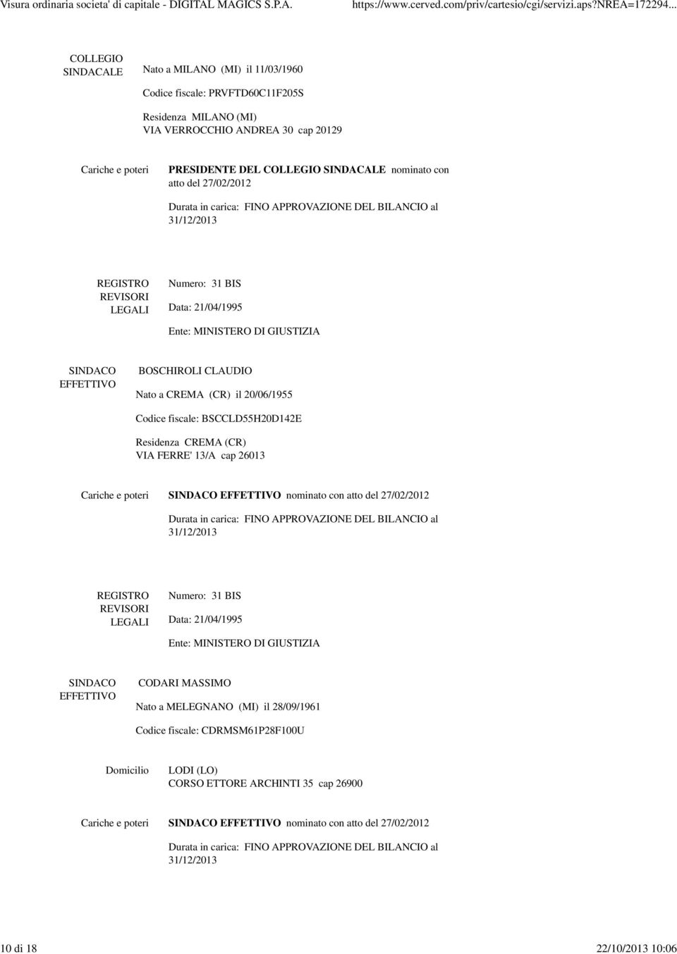 20/06/1955 Codice fiscale: BSCCLD55H20D142E Residenza CREMA (CR) VIA FERRE' 13/A cap 26013 Cariche e poteri SINDACO EFFETTIVO nominato con atto del 27/02/2012 REGISTRO REVISORI LEGALI Numero: 31 BIS