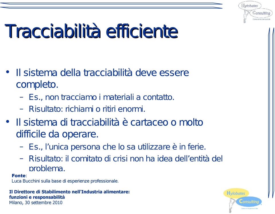 Il sistema di tracciabilità è cartaceo o molto difficile da operare. Es.