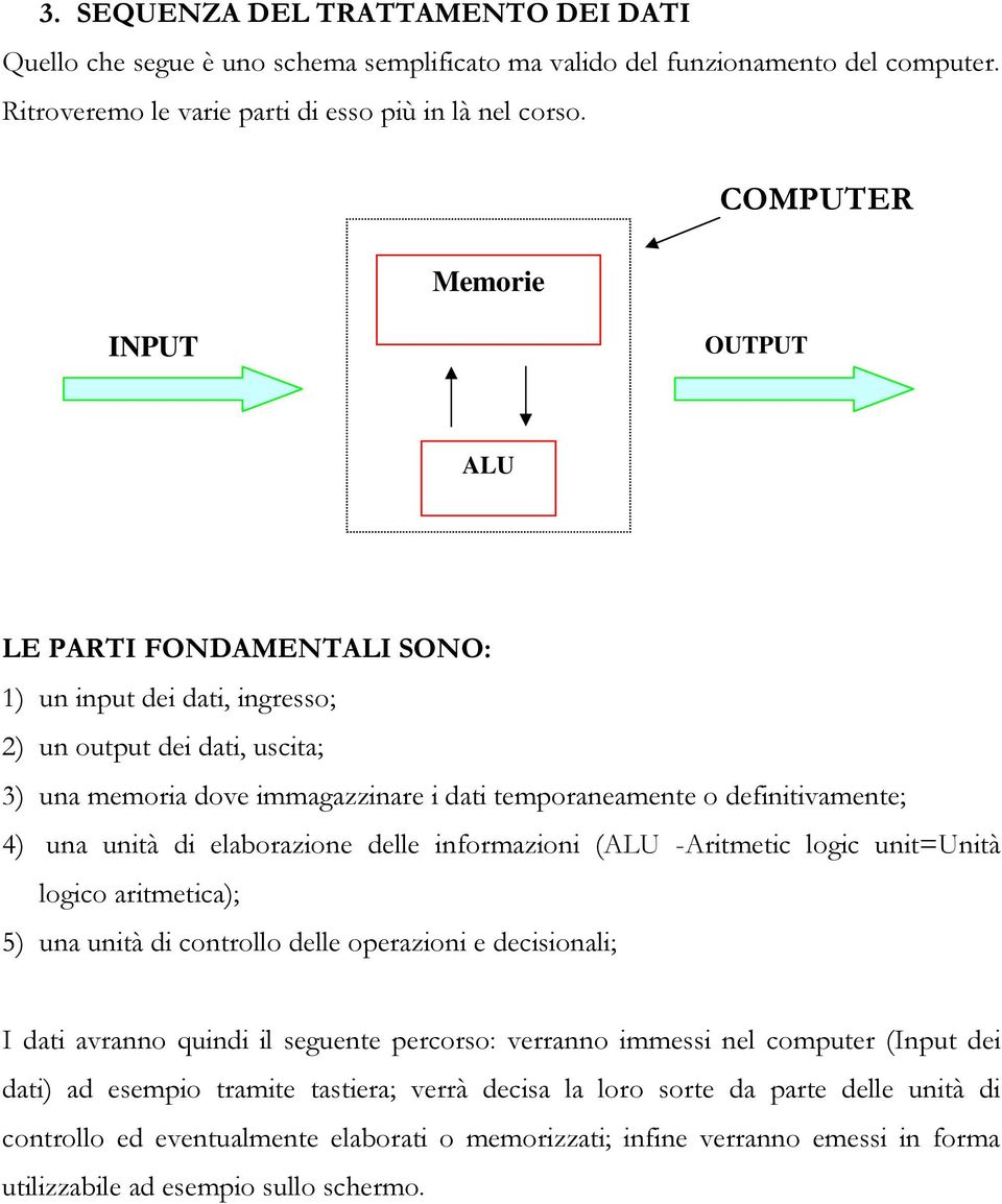 definitivamente; 4) una unità di elaborazione delle informazioni (ALU -Aritmetic logic unit=unità logico aritmetica); 5) una unità di controllo delle operazioni e decisionali; I dati avranno quindi