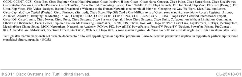 Broadband e Welcome to the Human Network sono marchi di fabbrica; Changing the Way We Work, Live, Play, and Learn, Cisco Capital, Cisco Capital (Design), Cisco:Financed (Stylized), Cisco Store, Flip