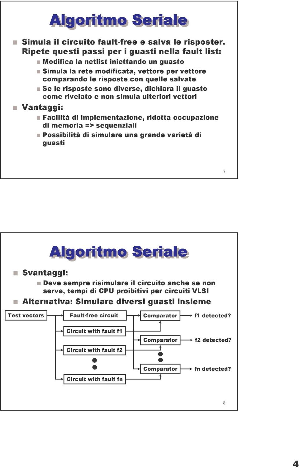 sono diverse, dichiara il guasto come rivelato e non simula ulteriori vettori Vantaggi: Facilità di implementazione, ridotta occupazione di memoria => sequenziali Possibilità di simulare una grande