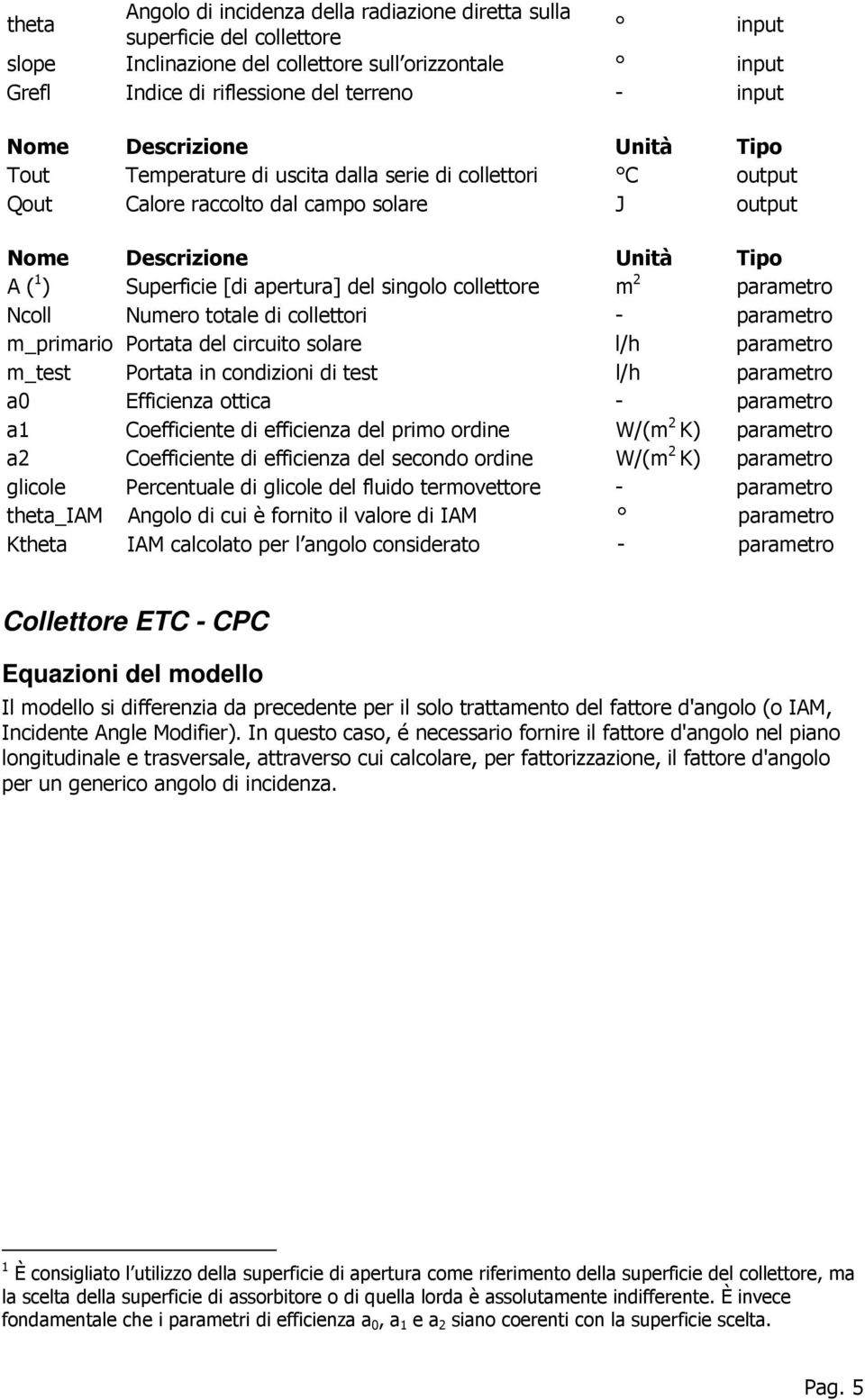 singolo collettore m 2 parametro Ncoll Numero totale di collettori - parametro m_primario Portata del circuito solare l/h parametro m_test Portata in condizioni di test l/h parametro a0 Efficienza