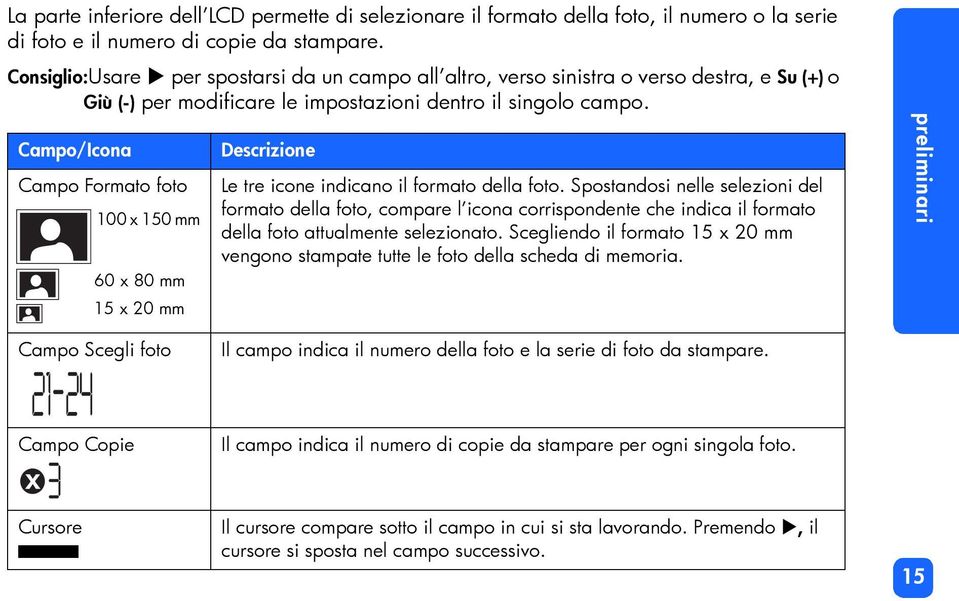 Campo/Icona Campo Formato foto 100 x 150 mm 60 x 80 mm 15 x 20 mm Descrizione Le tre icone indicano il formato della foto.