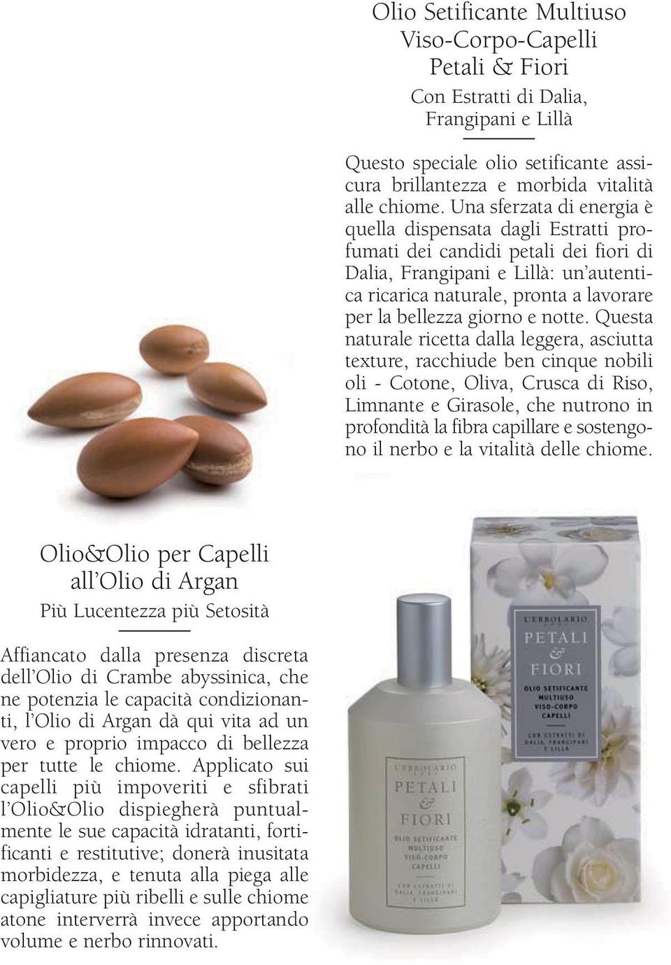 Olio Setificante Multiuso Viso-Corpo-Capelli Petali & Fiori Con Estratti di Dalia, Frangipani e Lillà Questo speciale olio setificante assicura brillantezza e morbida vitalità alle chiome.