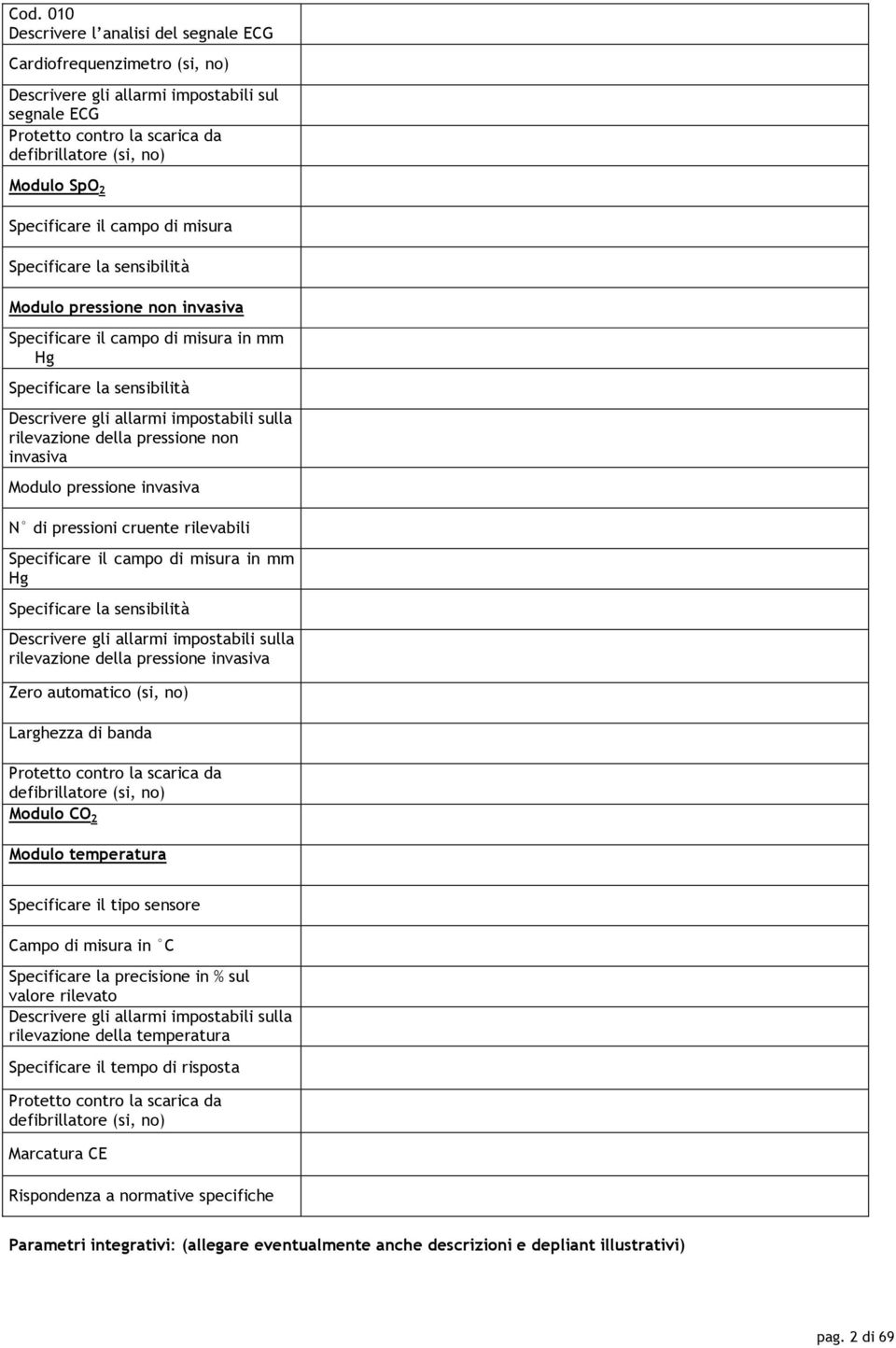 rilevazione della pressione non invasiva Modulo pressione invasiva N di pressioni cruente rilevabili Specificare il campo di misura in mm Hg Specificare la sensibilità Descrivere gli allarmi