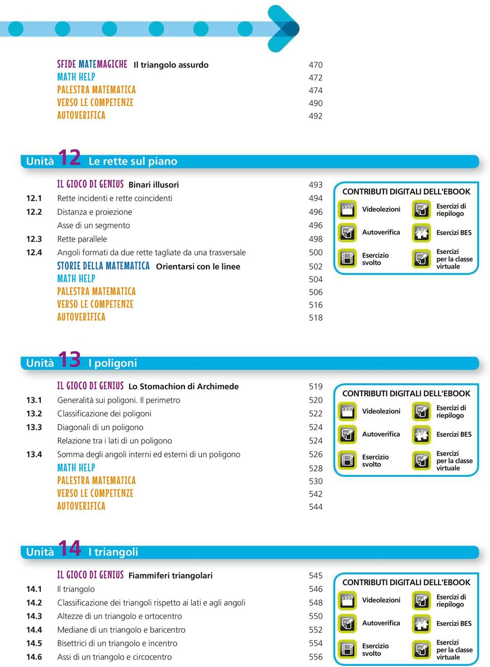 4 Angoli formati da due rette tagliate da una trasversale 500 STORIE DELLA MATEMATICA Orientarsi con le linee 502 MATH HELP 504 PALESTRA MATEMATICA 506 VERSO LE COMPETENZE 516 AUTOVERIFICA 518 o