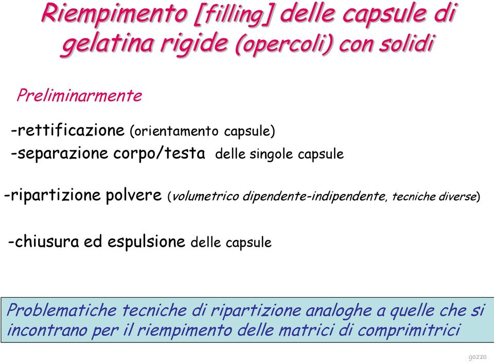 polvere (volumetrico dipendente-indipendente, tecniche diverse) -chiusura ed espulsione delle capsule