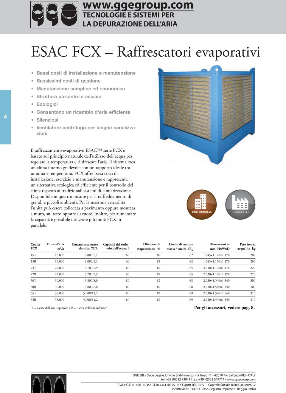 acciaio Ecologici Consentono un ricambio d aria efficiente Silenziosi Ventilatore centrifugo per lunghe canalizzazioni Il raffrescamento evaporativo ESAC serie FCX è basato sul principio naturale