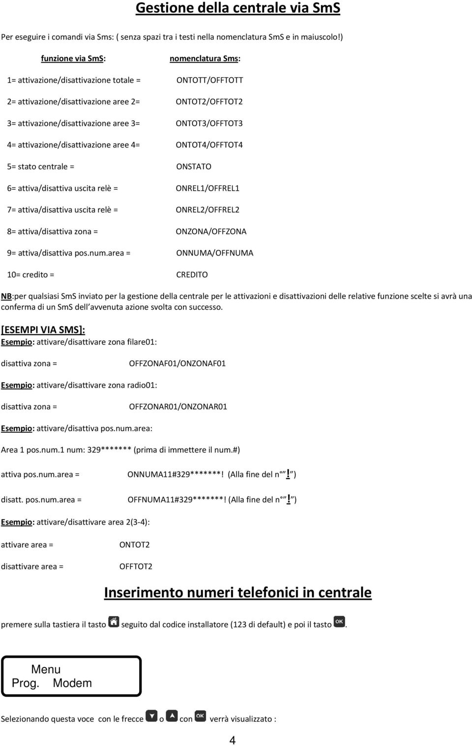 4= attivazione/disattivazione aree 4= ONTOT4/OFFTOT4 5= stato centrale = ONSTATO 6= attiva/disattiva uscita relè = ONREL1/OFFREL1 7= attiva/disattiva uscita relè = ONREL2/OFFREL2 8= attiva/disattiva