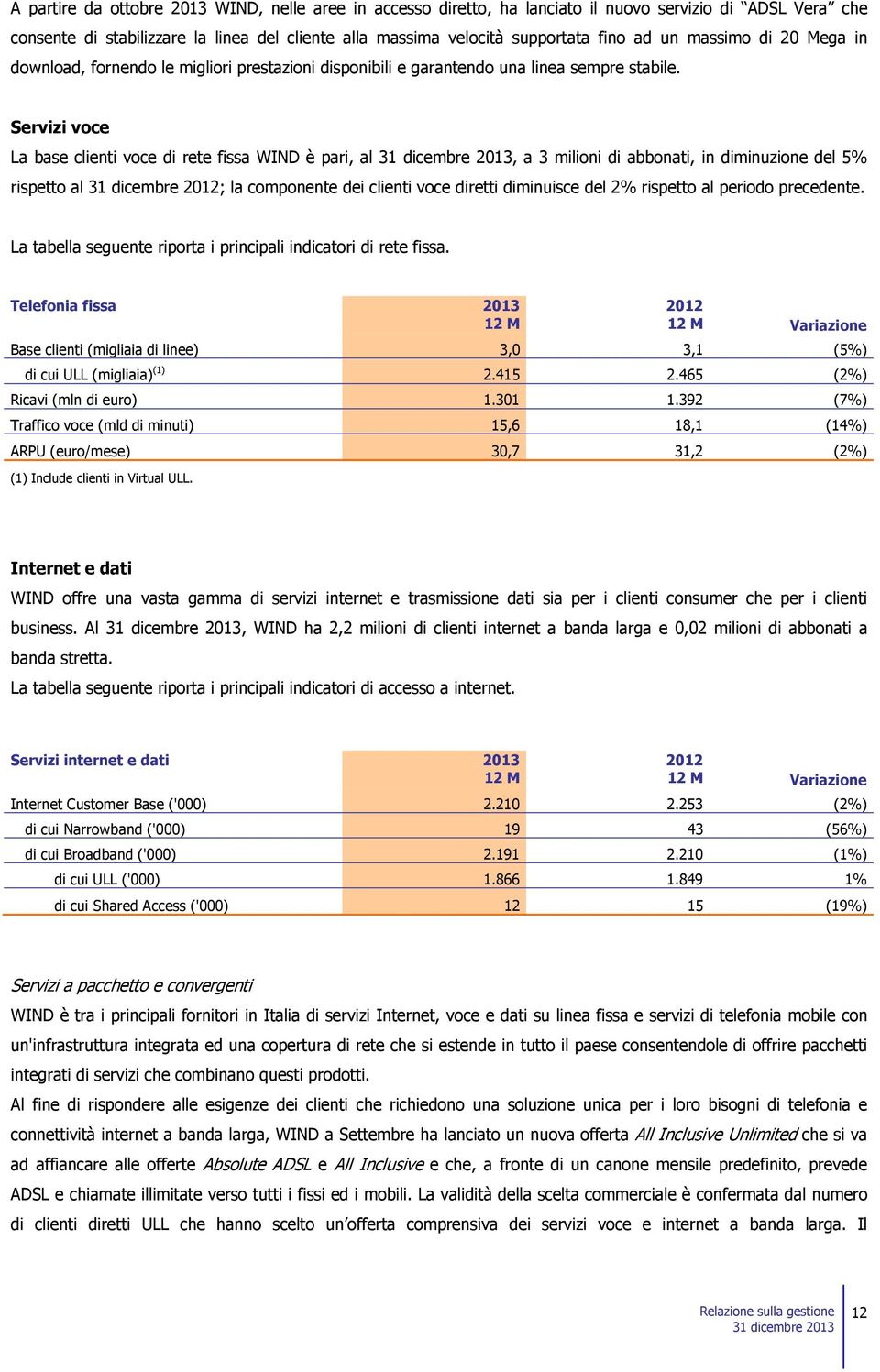 Servizi voce La base clienti voce di rete fissa WIND è pari,, a 3 milioni di abbonati, in diminuzione del 5% rispetto al 31 dicembre 2012; la componente dei clienti voce diretti diminuisce del 2%