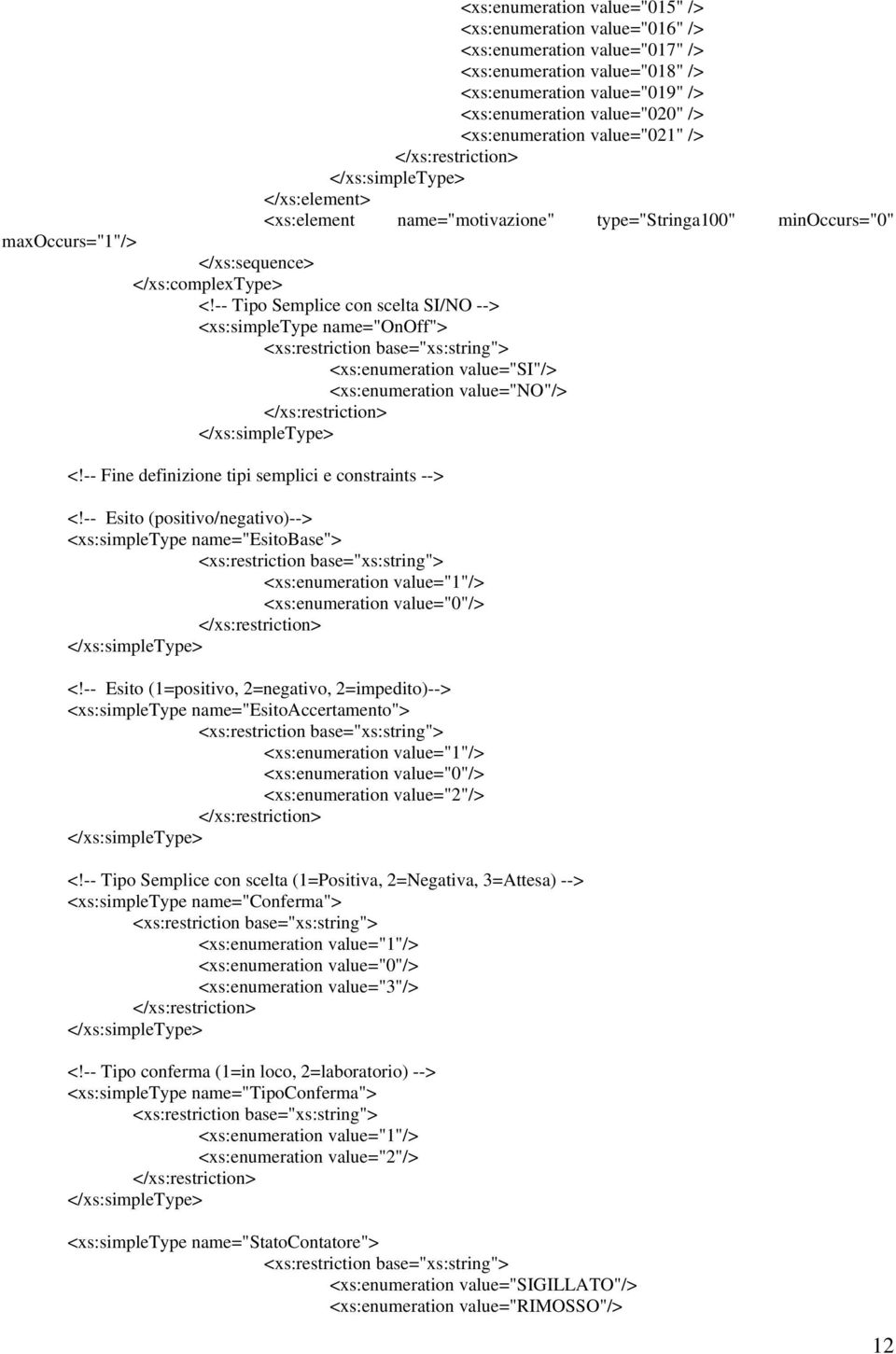 -- Tipo Semplice con scelta SI/NO --> <xs:simpletype name="onoff"> <xs:restriction base="xs:string"> <xs:enumeration value="si"/> <xs:enumeration value="no"/> </xs:restriction> </xs:simpletype> <!