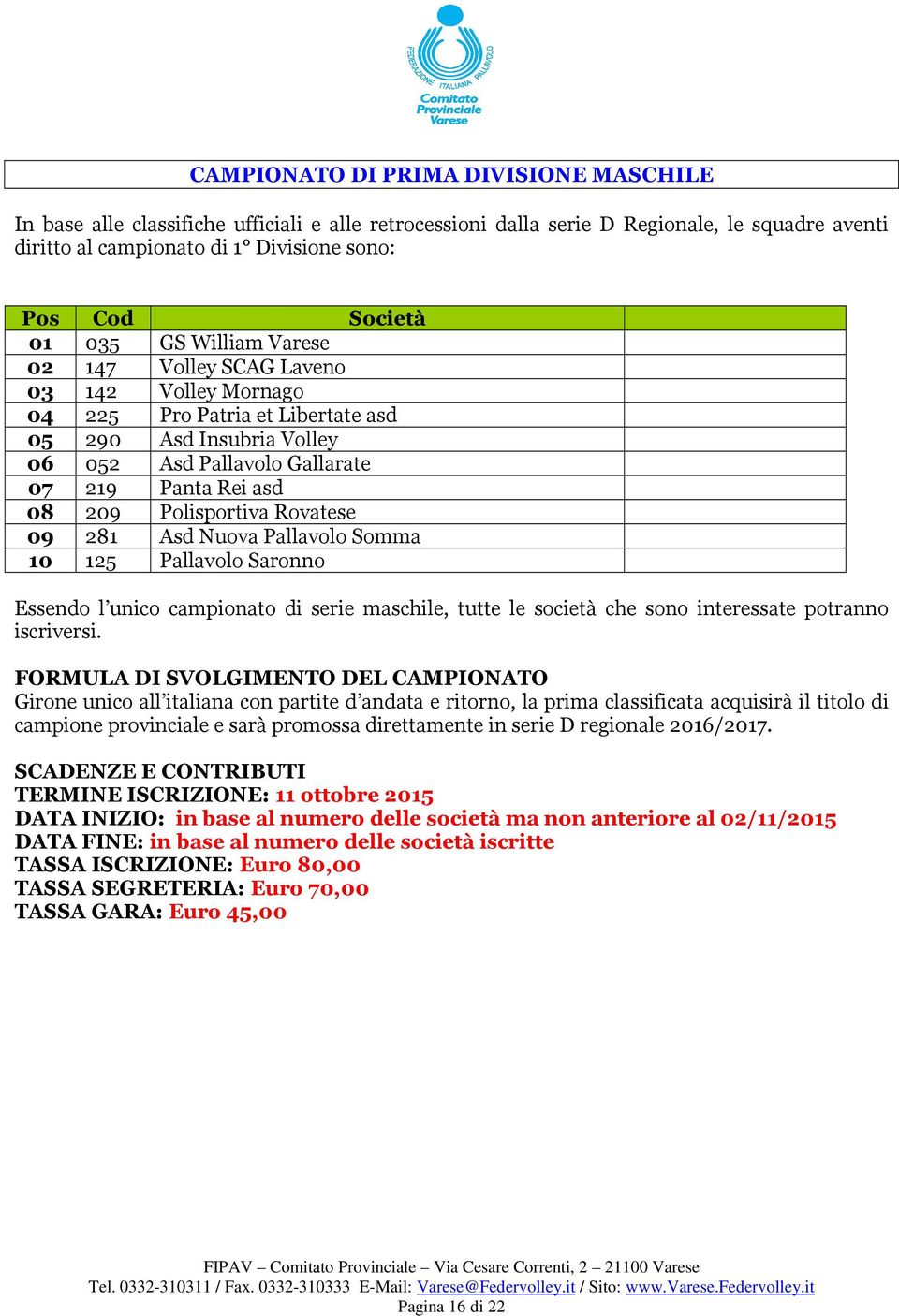 Polisportiva Rovatese 09 281 Asd Nuova Pallavolo Somma 10 125 Pallavolo Saronno Essendo l unico campionato di serie maschile, tutte le società che sono interessate potranno iscriversi.