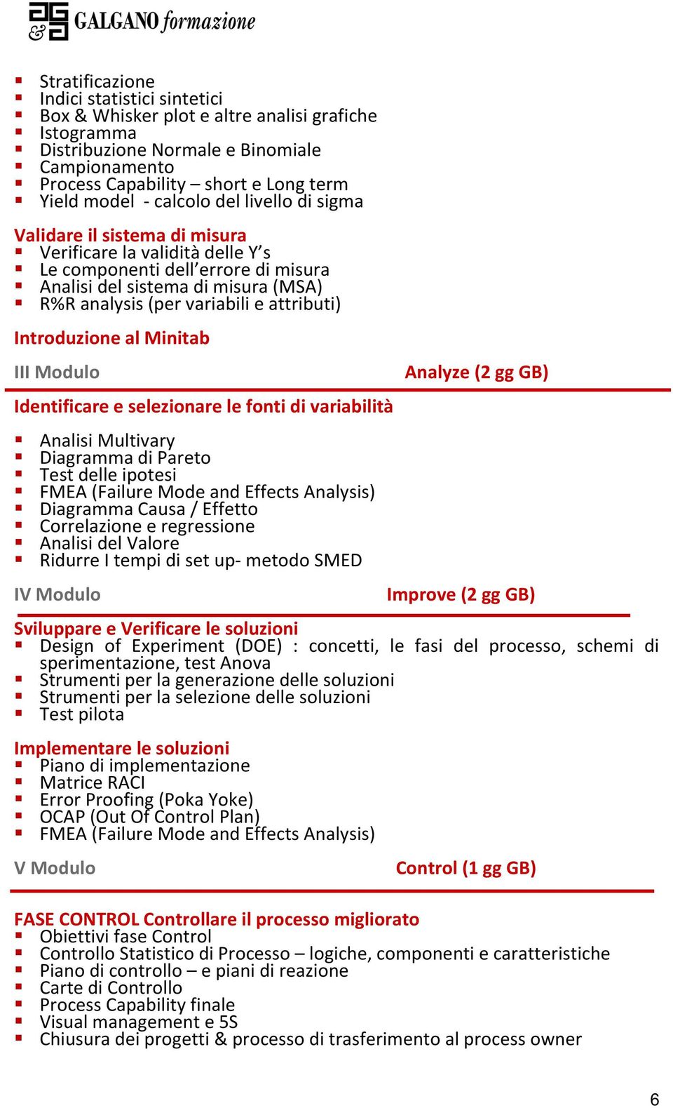 attributi) Introduzione al Minitab III Modulo Identificare e selezionare le fonti di variabilità Analisi Multivary Diagramma di Pareto Test delle ipotesi FMEA (Failure Mode and Effects Analysis)