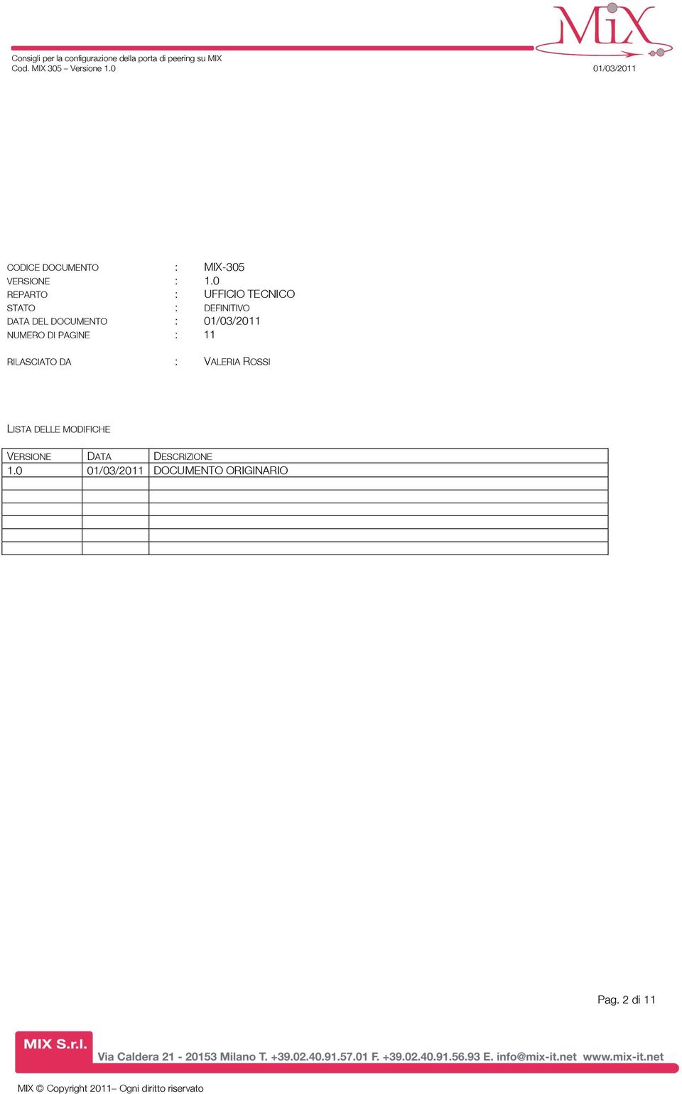 : 01/03/2011 NUMERO DI PAGINE : 11 RILASCIATO DA : VALERIA ROSSI