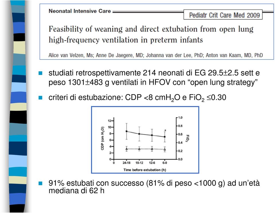 strategy criteri di estubazione: CDP <8 cmh 2 O e FiO 2 0.