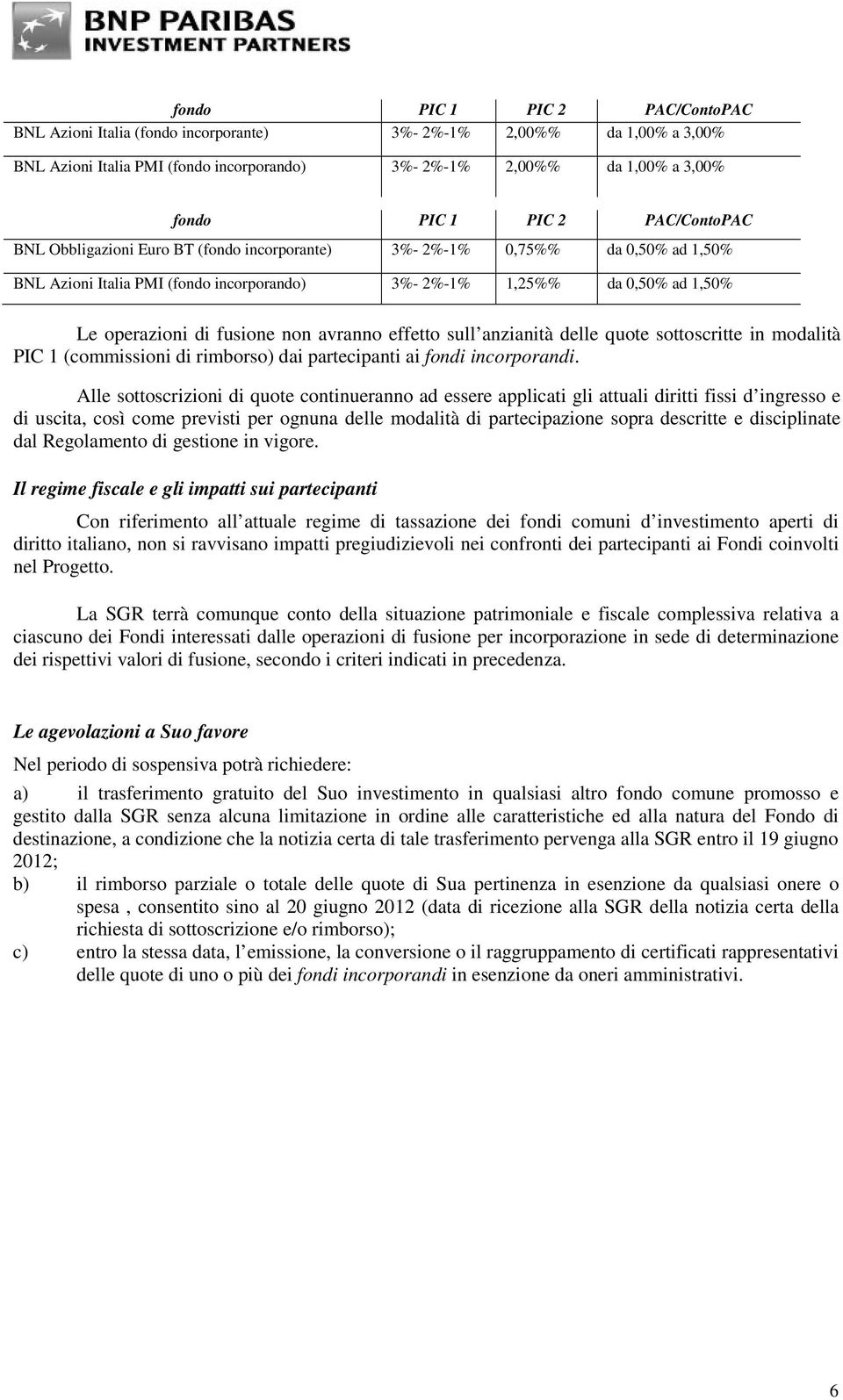 PIC 1 (commissioni di rimborso) dai partecipanti ai fondi incorporandi.