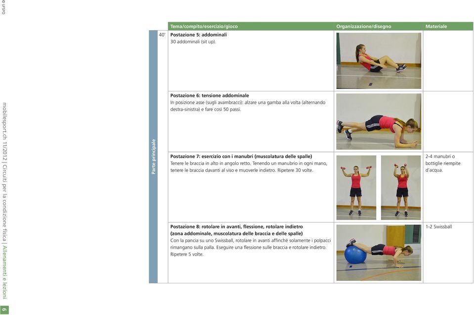 Postazione 7: esercizio con i manubri (muscolatura delle spalle) Tenere le braccia in alto in angolo retto.