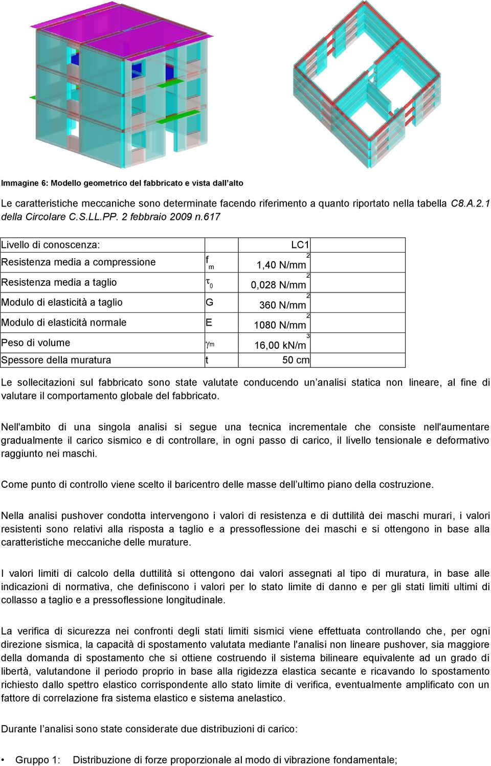 617 Livello di conoscenza: LC1 Resistenza media a compressione f m 1,40 N/mm Resistenza media a taglio 0 2 0,028 N/mm Modulo di elasticità a taglio G 2 360 N/mm Modulo di elasticità normale E 2 1080