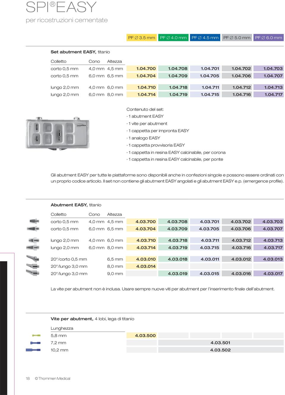 04.715 1.04.716 1.04.717 Contenuto del set: 1 abutment EASY 1 vite per abutment 1 cappetta per impronta EASY 1 analogo EASY 1 cappetta provvisoria EASY 1 cappetta in resina EASY calcinabile, per