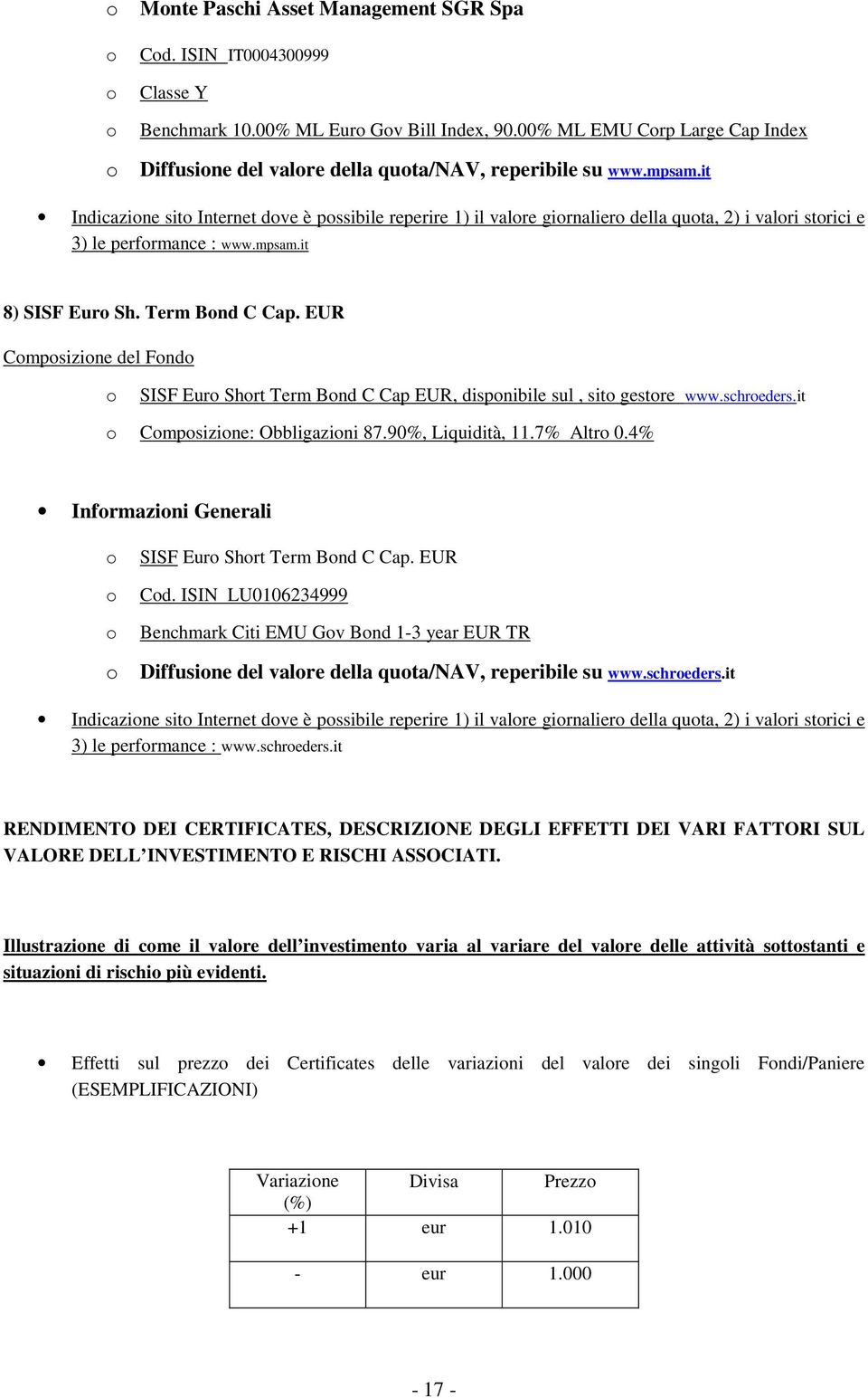 EUR Cmpsizine del Fnd SISF Eur Shrt Term Bnd C Cap EUR, dispnibile sul, sit gestre www.schreders.it Cmpsizine: Obbligazini 87.90%, Liquidità, 11.7% Altr 0.