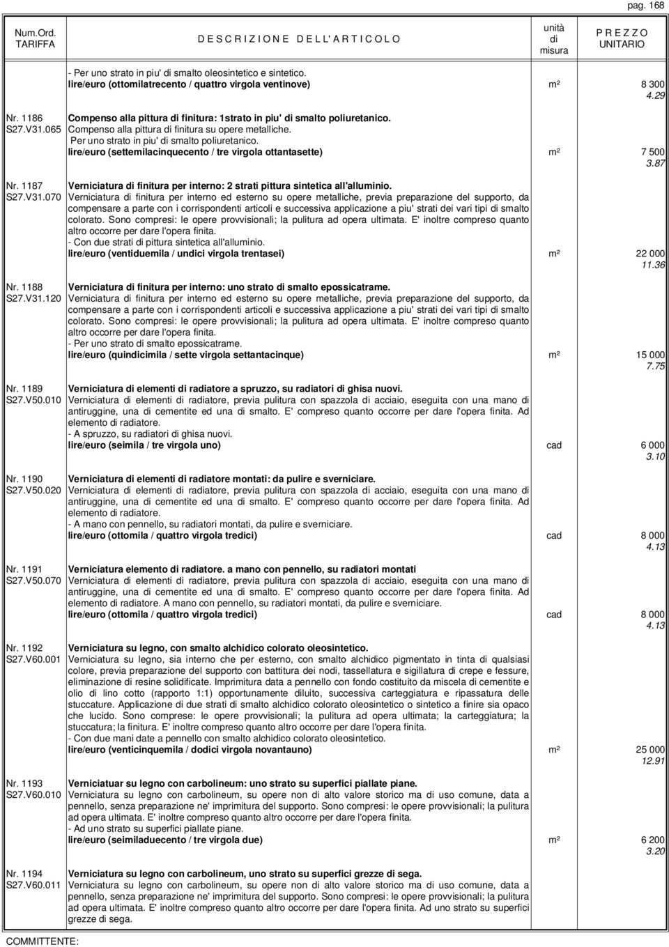 lire/euro (settemilacinquecento / tre virgola ottantasette) m² 7 500 3.87 Nr. 1187 Verniciatura finitura per interno: 2 strati pittura sintetica all'alluminio. S27.V31.