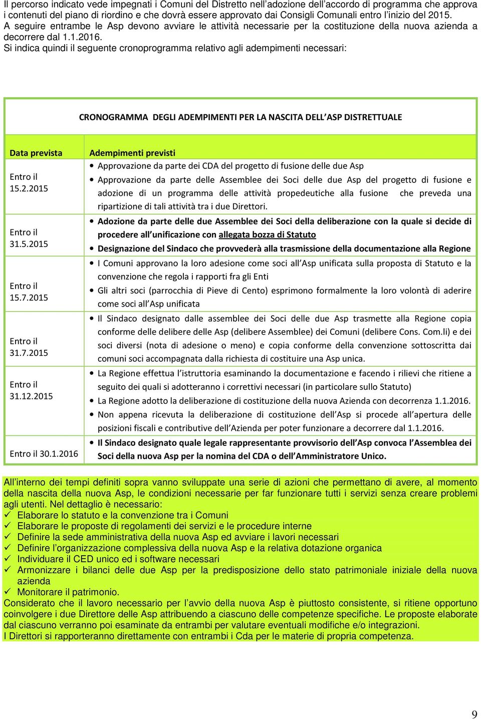 Si indica quindi il seguente cronoprogramma relativo agli adempimenti necessari: CRONOGRAMMA DEGLI ADEMPIMENTI PER LA NASCITA DELL ASP DISTRETTUALE Data prevista Entro il 15.2.2015 Entro il 31.5.2015 Entro il 15.