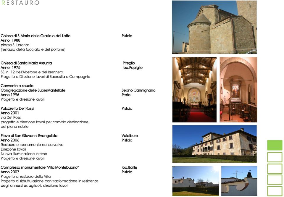 Anno 2001 via De Rossi progetto e direzione lavori per cambio destinazione del piano nobile Pieve di San Giovanni Evangelista Anno 2006 Restauro e risanamento conservativo Direzione lavori Nuova