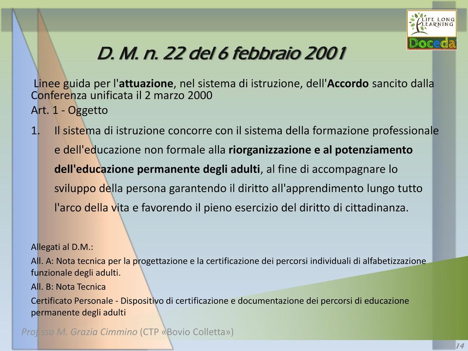 di accompagnare lo sviluppo della persona garantendo il diritto all'apprendimento lungo tutto l'arco della vita e favorendo il pieno esercizio del diritto di cittadinanza. Allegati al D.M.: All.