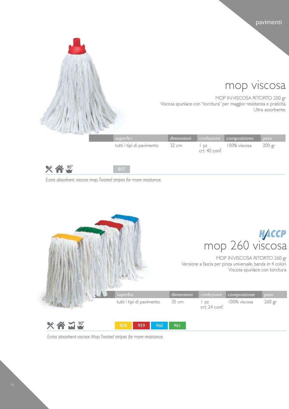 mop 260 viscosa MOP IN VISCOSA RITORTO 260 gr Versione a fascia per pinza universale, banda in 4 colori. Viscosa spunlace con torcitura.