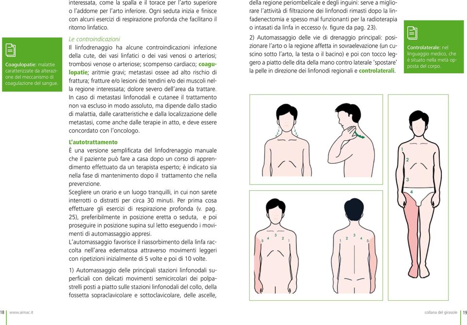 Le controindicazioni Il linfodrenaggio ha alcune controindicazioni infezione della cute, dei vasi linfatici o dei vasi venosi o arteriosi; trombosi venose o arteriose; scompenso cardiaco;