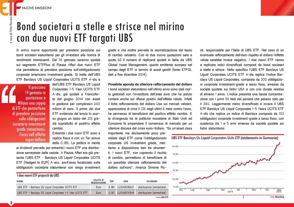 Dal 14 gennaio saranno quotati sul segmento ETFPlus di Piazza Affari due nuovi ETF che permettono di prendere posizione sull obbligazionario corporate americano investment grade.