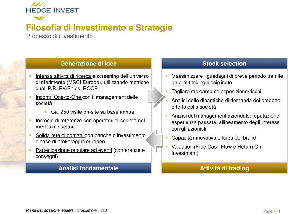 250 visite on-site su base annua Incrocio di referenze con operatori di società nel medesimo settore Solida rete di contatti con banche d investimento e case di brokeraggio europeo Partecipazione